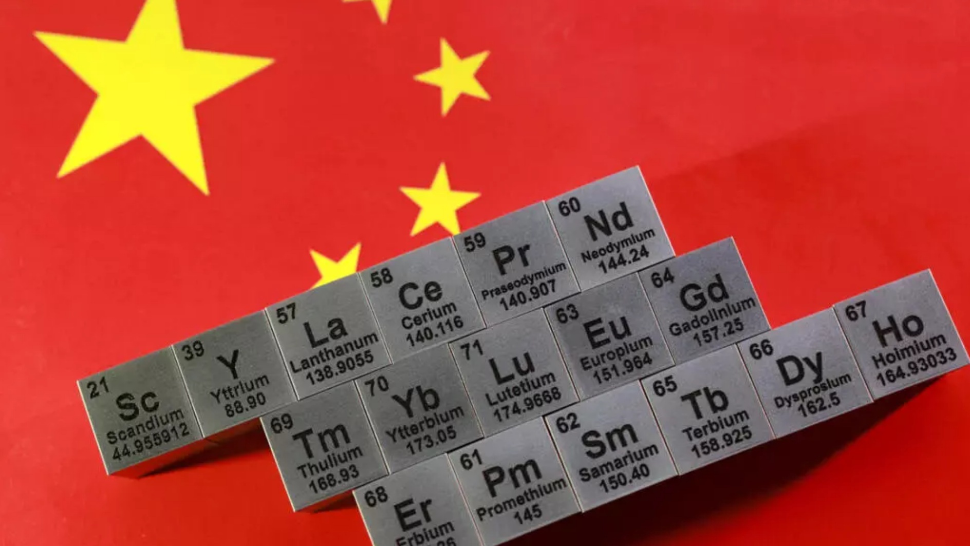 插图显示了带有稀土元素符号和原子序数的方块以及中国国旗
